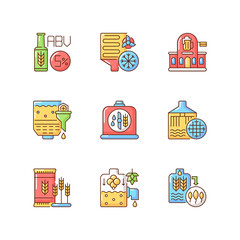 Poster - Beer production technology RGB color icons set. Alcohol by volume. Malted barley and hops for brewing. Cooling and boiling step in beer manufacture production. Isolated vector illustrations