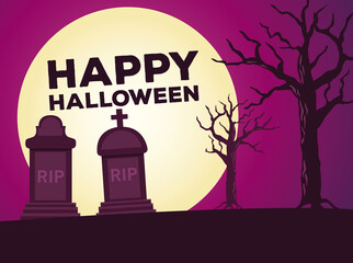 Wall Mural - happy halloween celebration card with moon night in cemetery scene