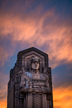 Guardian Of Traffic In Cleveland Ohio With A Fiery Sunset