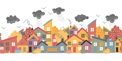 Autumn urban landscape with trees and houses seamless pattern.