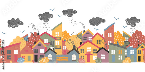 Obraz Dibond Autumn urban landscape with trees and houses seamless pattern.