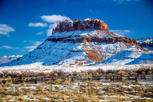 Stock Corrals And Snow Covered Red Rock Butte Near Arches NP