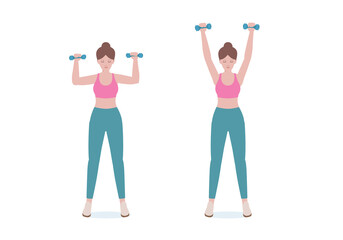 Woman doing exercises a dumbbell. woman in pink shirt and a blue Long legs. Step by step instruction for doing Upper shoulder lift pose. Illustration in cartoon style. Fitness and health concept.