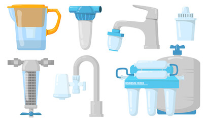 Home water filters flat set for web design. Cartoon jugs and taps with filtration system isolated vector illustration collection. Purification and clean drink concept