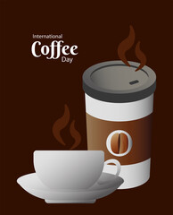 Sticker - international coffee day poster with cup and plastic container