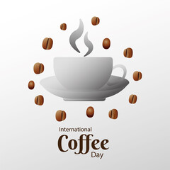 Canvas Print - international coffee day poster with ceramic cup and beans in gray background