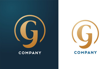 Wall Mural - G alphabet letter logo icon in gold and blue color. Simple and creative golden circle design for company and business