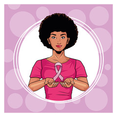 Sticker - breast cancer awareness month with afro woman lifting pink ribbon