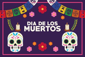 Wall Mural - dia de los muertos celebration poster with skulls couple and garlands