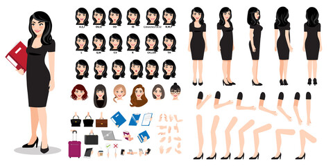 Wall Mural - Businesswoman cartoon character creation set with various views, hairstyles, face emotions, lip sync and poses. Parts of body template for design work and animation.