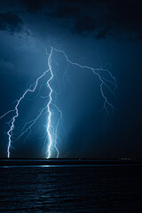 Wall Mural - branched lightning bolts strike down to the surface of the water at night