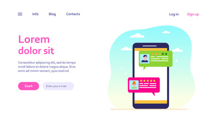 Online chat interface. Smart phone screen with users dialog bubbles flat vector illustration. Messenger, social media, communication, comments concept for banner, website design or landing web page