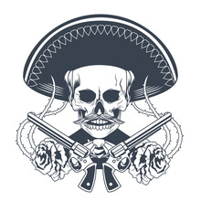 Dia De Los Muertos Poster With Mariachi Skull And Guns Crossed Drawn