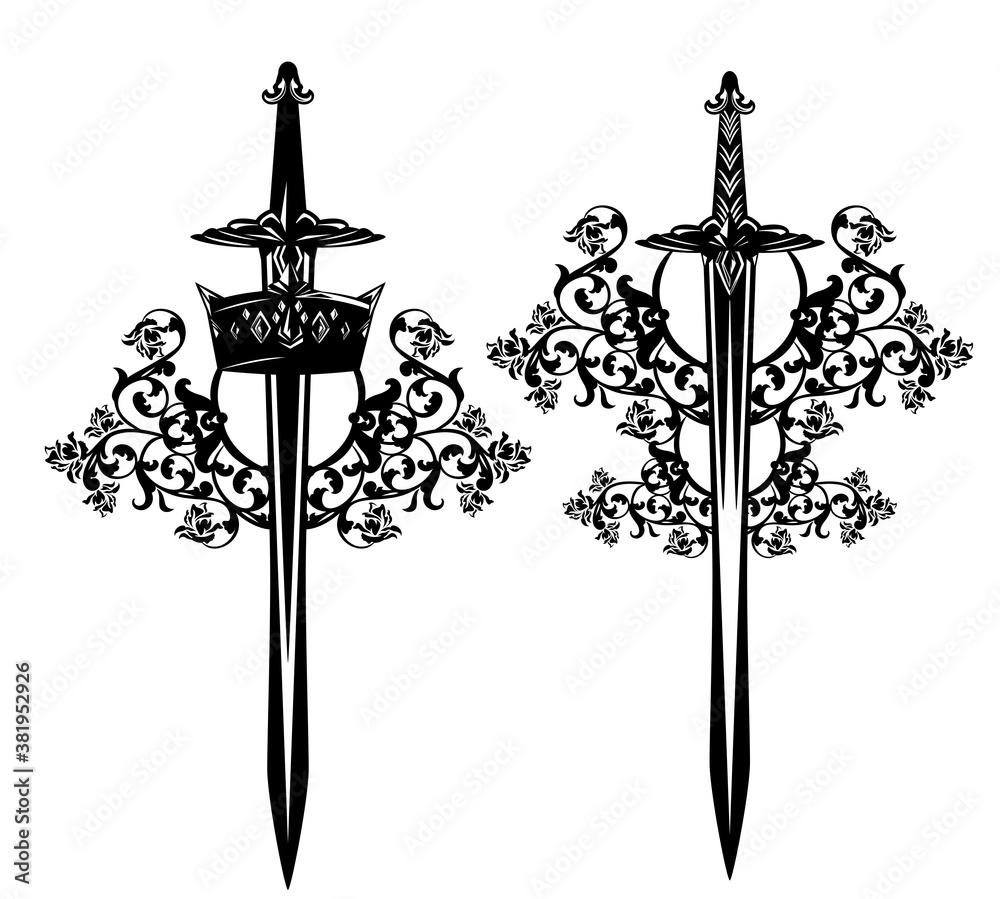antique sword with royal crown and rose flowers decor - black and white ...