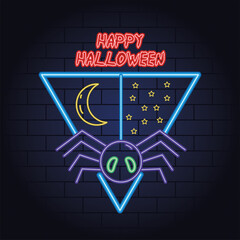 Wall Mural - happy halloween neon light of spider hanging