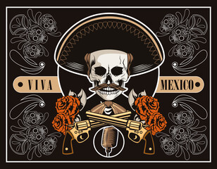 Poster - dia de los muertos poster with mariachi skull and guns crossed in brown poster