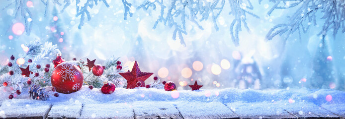 Wall Mural - winter sunny landscape with spruce branches. christmas decoration