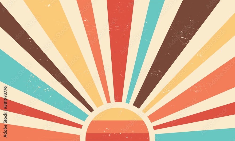 Vintage sun retro banner background. Colourful grunge sunburst. Vector illustration. - obrazy, fototapety, plakaty 