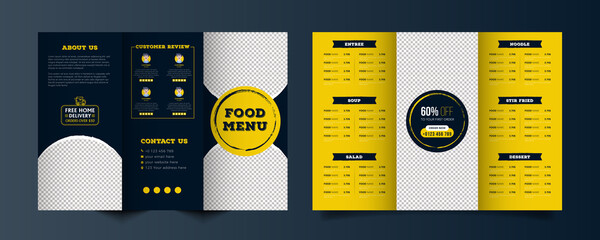 Wall Mural - Food trifold brochure menu template. fast food menu brochure for restaurant with dark blue and yellow color