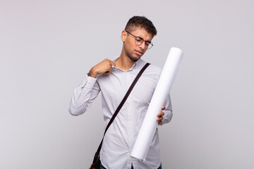 Wall Mural - young architect man feeling stressed, anxious, tired and frustrated, pulling shirt neck, looking frustrated with problem