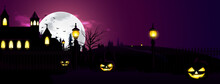 Happy Halloween  Background. Night Scene With Realistic Pumkins,candle, Gift, Tomsbstone, Tree, Haunted House, Cloud. For Poster, Banner, Invitation.