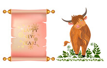 New Year Banner With A Torn Paper Scroll On A White Background. Cheerful Scottish Long-haired Bull. Vector Design Template For Greeting Card, Sale Poster, Flyer.