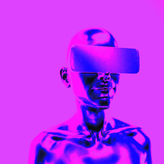 Poster - Artificial Intelligence concept. Android machine head made of pixels.