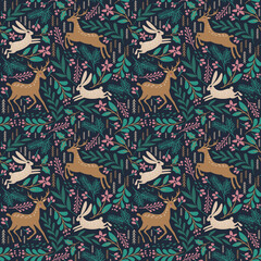 Wall Mural - seamless pattern with deer and rabbit. winter background. vector