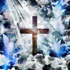 Poster - Spiritual painting. Christian cross and angels in the sky. 3D rendering