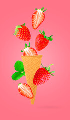 Wall Mural - ice cream cones with fresh fruits falling in motion