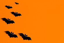 Orange Background With A Flock Of Black Paper Bats For Halloween, Black Paper Bat Silhouettes On An Orange Background, Halloween Concept, Copyspace, Flatlay, Top View, Overhead