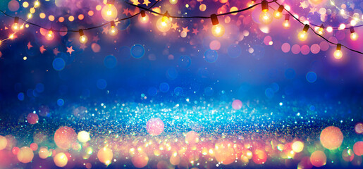 Wall Mural - abstract christmas party background - golden glitter with defocused effect in shiny night and lights