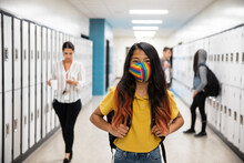 Student In School Corridor Wearing Face Mask
