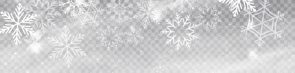 Vector heavy snowfall, snowflakes in different shapes and forms. Snow flakes, snow background. Falling Christmas