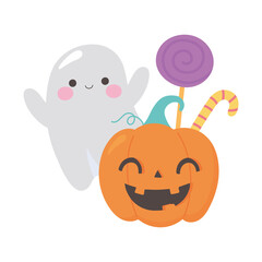 Sticker - happy halloween pumpkin ghost and candies