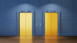 Modern interior with two Golden lift doors. Office hallway with closed elevator cabins. Chrome metal hotel building elevator doors. Vector realistic Illustration of lift door, panel metal