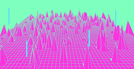 Poster - Abstract technology background with warped and distorted laser grid. Vaporwave and synthwave style illustration like in old video arcade games.