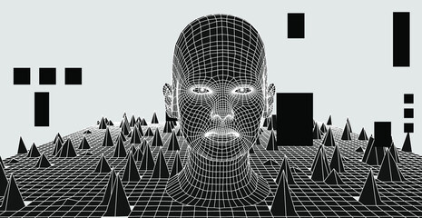 Poster - Artificial Intelligence and Neural network concept. 3D human face and infinite perspective grid on the background.