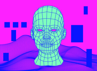 Poster - Artificial Intelligence and Neural network concept. 3D human face and infinite perspective grid on the background.