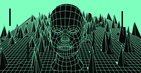 Poster - Artificial Intelligence and Neural network concept. 3D human face and infinite perspective grid on the background.