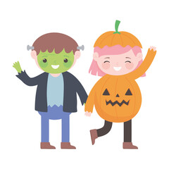 Wall Mural - happy halloween, kids with monster and pumpkin costumes