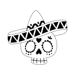 Wall Mural - day of the dead, skull with hat traditional mexican celebration line style