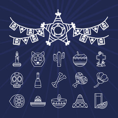 Poster - decorative pennants and mexican day of dead icon set, line style