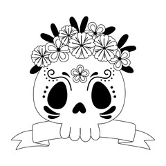 Poster - day of the dead, floral skull flowers and ribbon mexican celebration line style