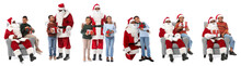 Set With African-American Santa Claus And Cute Children On White Background