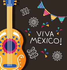 Poster - viva mexico celebration day lettering with guitar and garlands