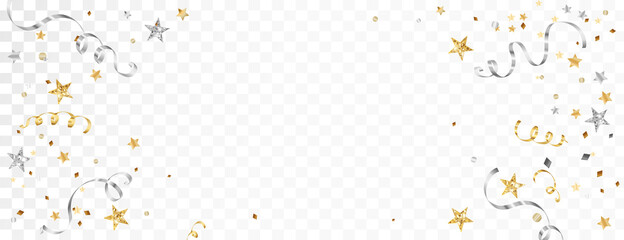 celebration background with ribbons isolated. falling confetti, holiday border. gold and silver star