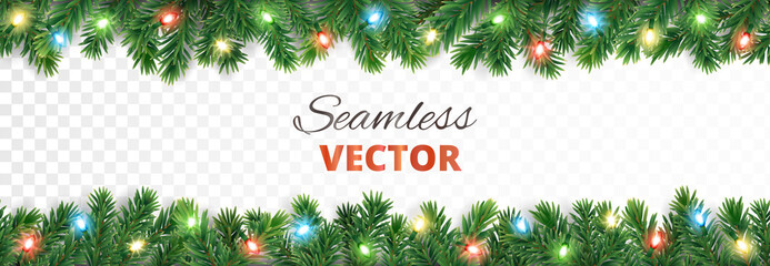 Wall Mural - Seamless holiday decoration. Christmas tree border with lights garland. Festive frame isolated on white. Celebration vector background. For winter season banners, New Year headers, party posters.