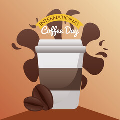 Sticker - international coffee day celebration with plastic container and beans splash