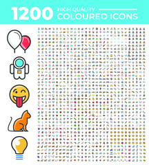 Poster - Set of 1200 High Quality Solid Colorful Icons on White Background . Isolated Vector Elements